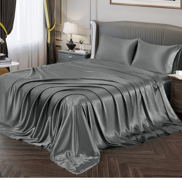 NEW 4Pcs Silky Soft Satin Bed Sheets Grey Queen